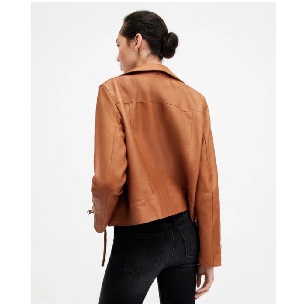 ALL SAINTS Dalby Leather Biker Jacket Cognac Brown 2‎ NWOT - Picture 2 of 6